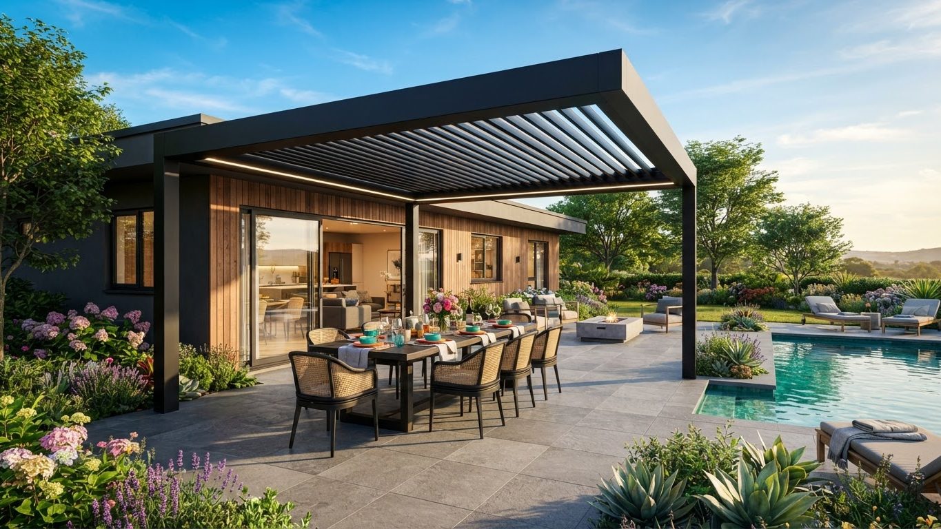 Pergola & Patio Concept 02 Pergolas & Patios futuristic concept visualisation modern. Images Created by www.TinyHome-Revolution.com