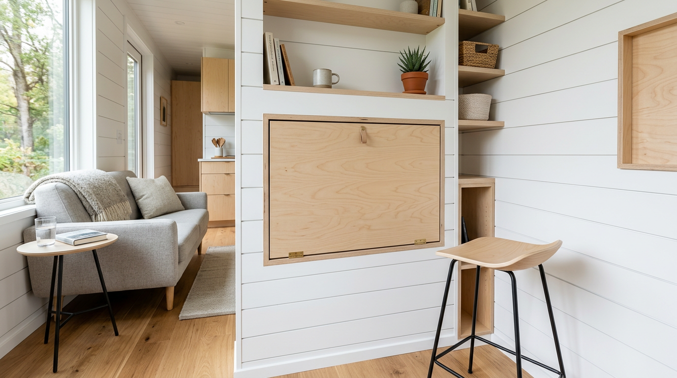 A space-saving fold-down desk integrated into a tiny home living area wall, flanked by integrated storage cubbies. Images Created by www.TinyHome-Revolution.com
