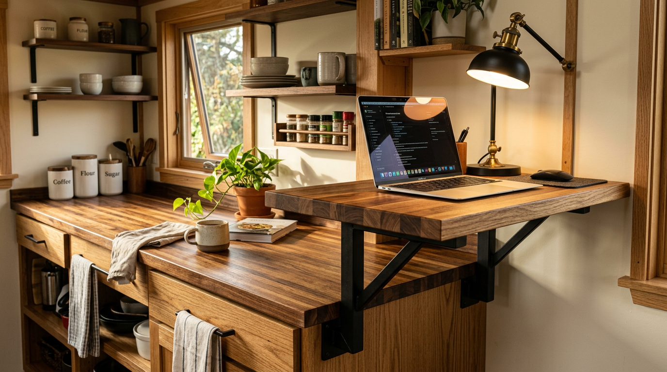 A multifunctional kitchen bar top that converts into a spacious standing desk with adjustable heights and built-in outlets. Images Created by www.TinyHome-Revolution.com