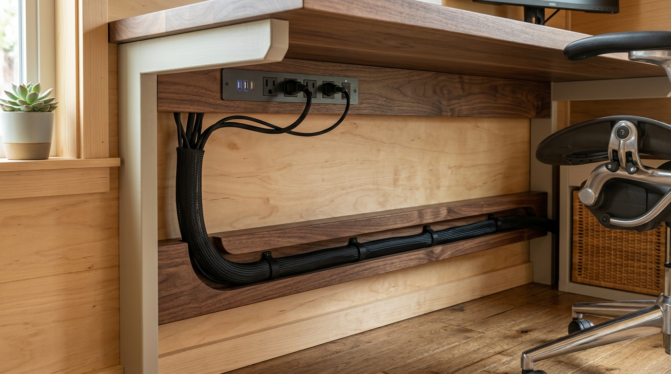A neat under-desk cable management system featuring recessed power strips and routed channels hidden behind a walnut desk panel. Images Created by www.TinyHome-Revolution.com
