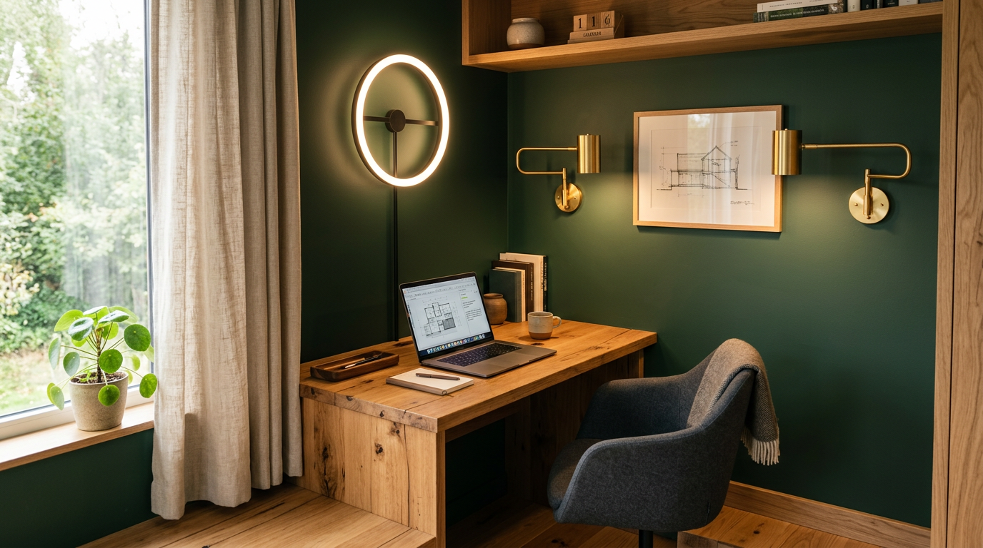 A bright tiny home office nook decorated with hanging air plants, floating shelves, and a clean shiplap accent wall. Images Created by www.TinyHome-Revolution.com