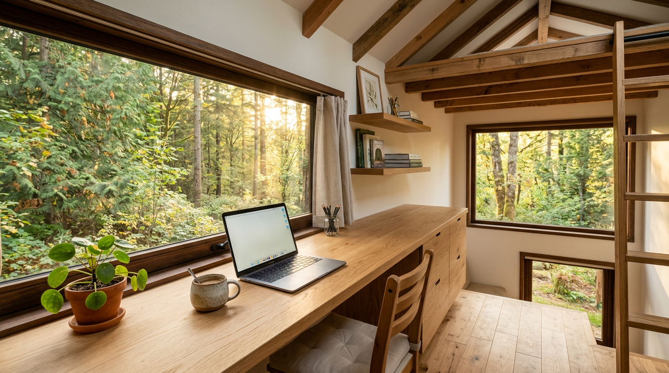 A cozy, sunlit tiny home loft office with a built-in timber desk, floating shelves, and a panoramic window. Images Created by www.TinyHome-Revolution.com