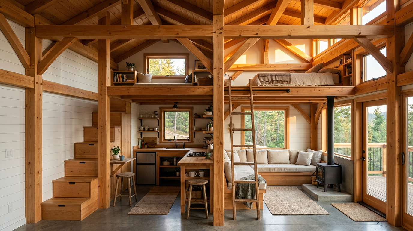 An architectural cross-section view of a custom triple-axle trailer showing a clever split-loft framing layout. Images Created by www.TinyHome-Revolution.com