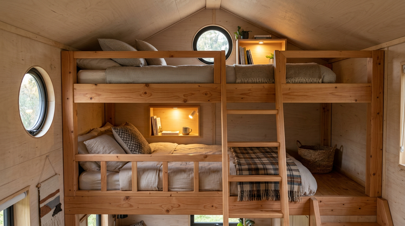 Cozy twin bunk beds built into a tiny home loft, featuring safety railings and integrated reading lights. Images Created by www.TinyHome-Revolution.com