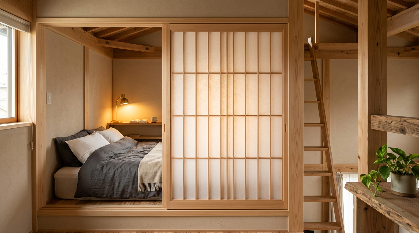 A stylish slatted wood partition wall dividing a tiny home sleeping loft from the main living area below. Images Created by www.TinyHome-Revolution.com
