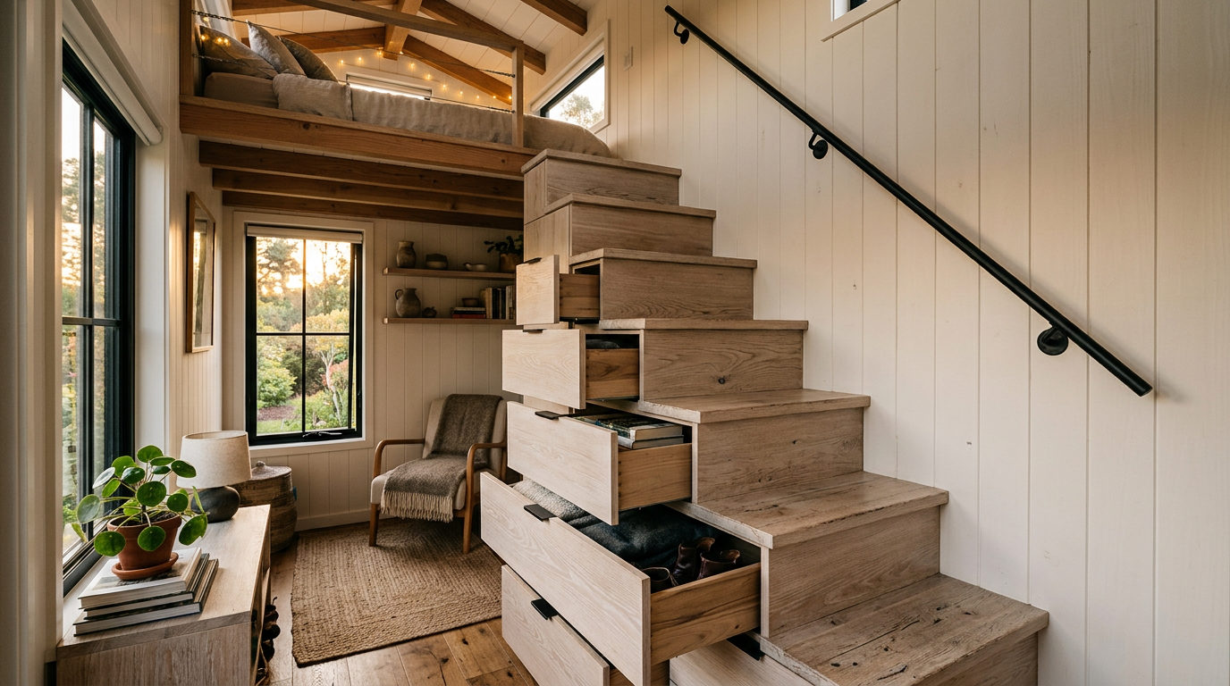 Custom-built storage stairs with pull-out drawers leading up to a family tiny home loft. Images Created by www.TinyHome-Revolution.com
