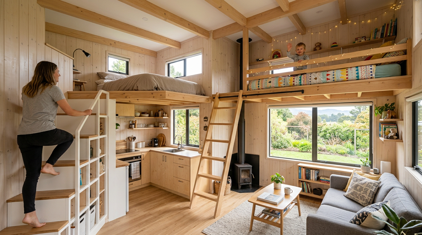 A bright, modern tiny home interior showing a split-loft layout with a timber ladder and built-in storage. Images Created by www.TinyHome-Revolution.com