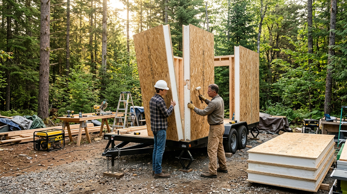A partially assembled flat-pack tiny home shell made of structural insulated panels in a forest clearing. Images Created by www.TinyHome-Revolution.com