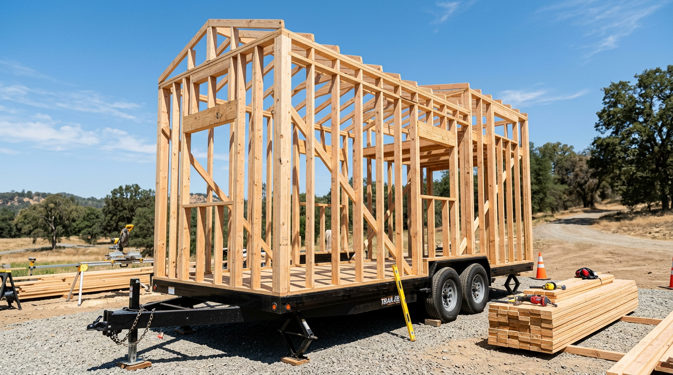 A tiny house stick-framed from scratch on a steel trailer, showing bare studs under a clear blue sky. Images Created by www.TinyHome-Revolution.com