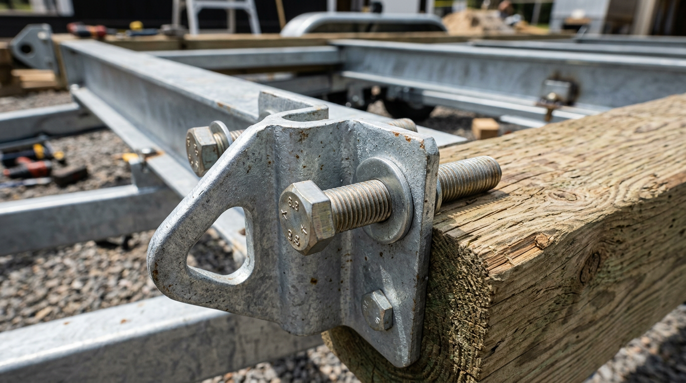Close-up of heavy-duty tie-down brackets securing a timber wall plate to a galvanized steel trailer frame. Images Created by www.TinyHome-Revolution.com