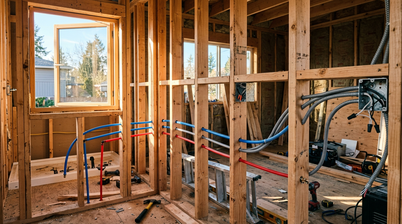 The interior of a tiny home showing exposed stud bays filled with blue PEX plumbing and gray electrical conduit. Images Created by www.TinyHome-Revolution.com