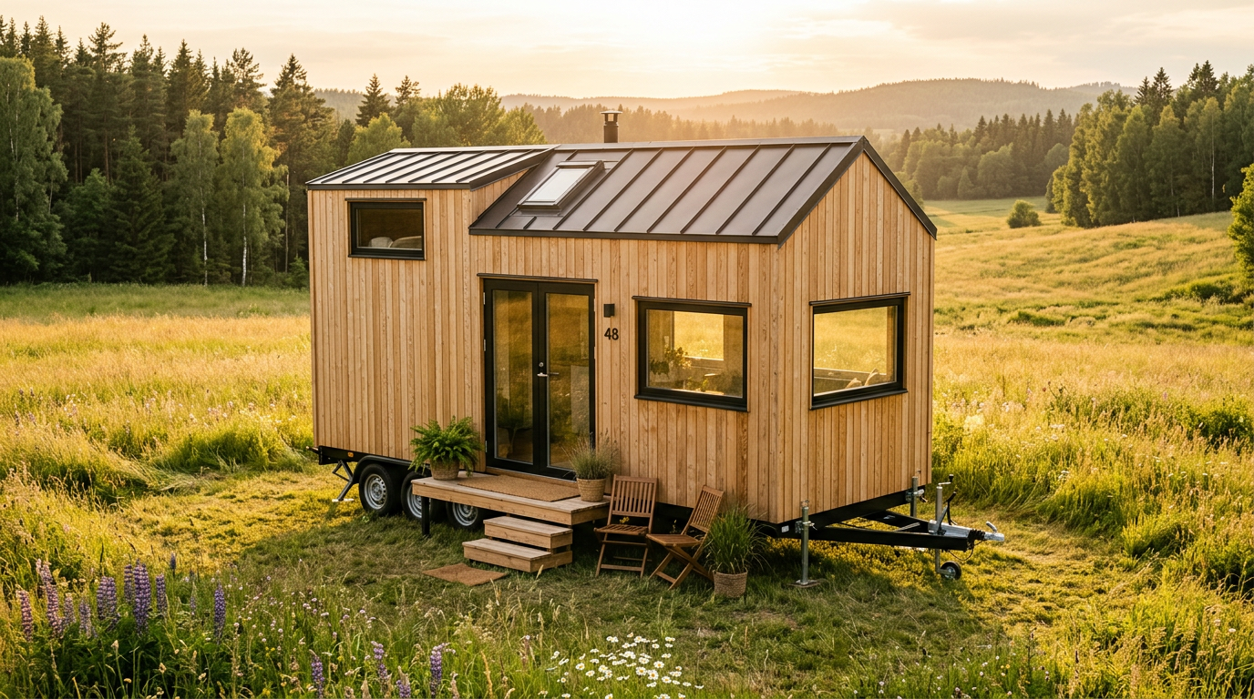A modern cedar-clad tiny home on a triple-axle trailer parked in a sunny meadow during golden hour. Images Created by www.TinyHome-Revolution.com