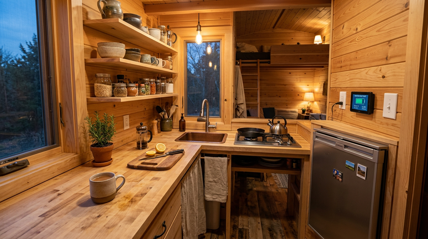 An interior shot of a tiny home kitchen featuring low-draw LED lighting and highly efficient under-counter appliances. Images Created by www.TinyHome-Revolution.com