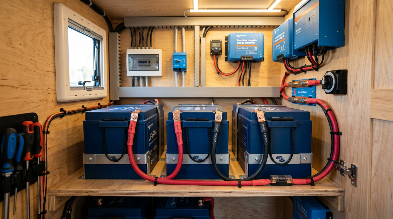 A neatly organized utility compartment featuring blue lithium iron phosphate batteries and heavy-duty battery cables. Images Created by www.TinyHome-Revolution.com