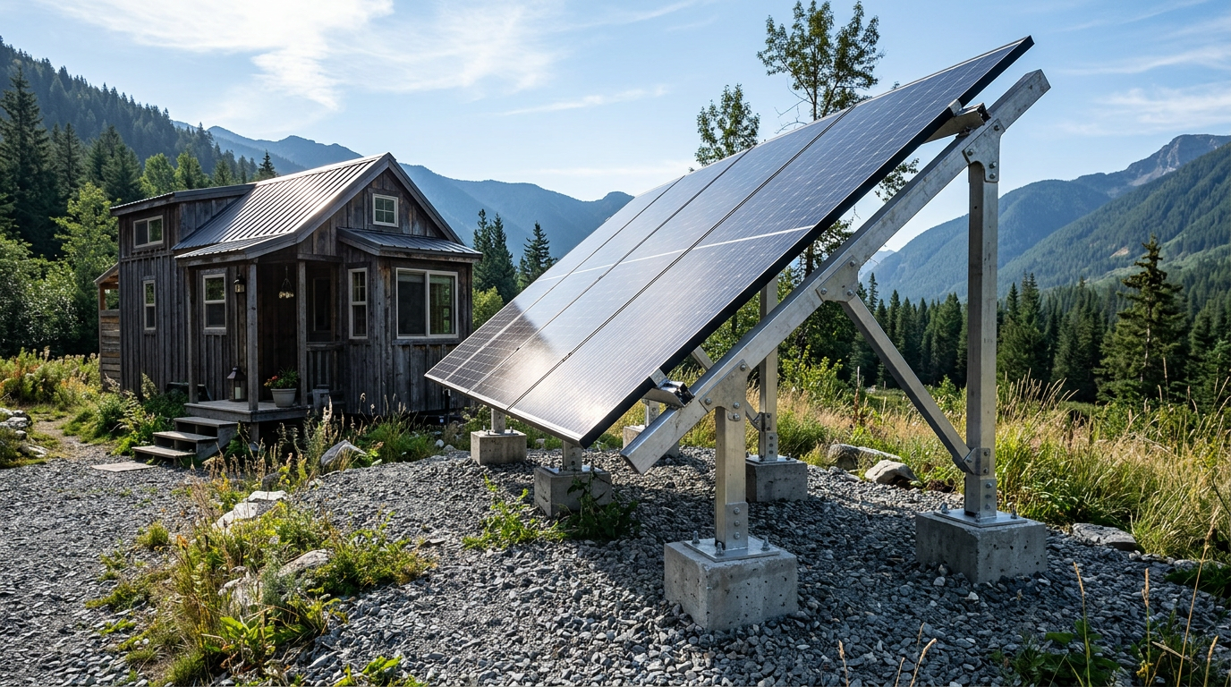 An adjustable ground-mount solar array set up next to a gravel path near a tiny house. Images Created by www.TinyHome-Revolution.com
