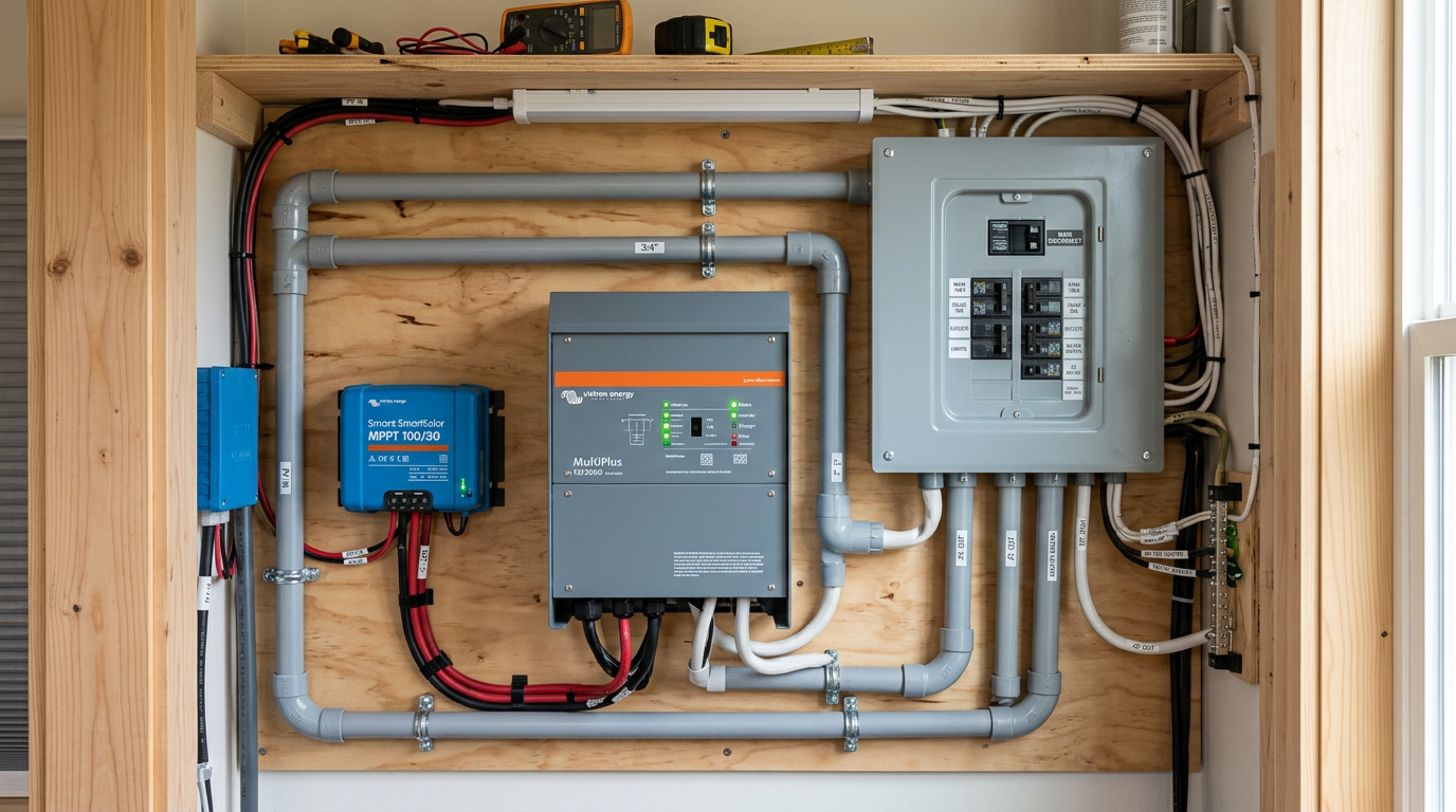 A wall-mounted solar component board with a pure sine wave inverter, breakers, and neat conduit. Images Created by www.TinyHome-Revolution.com