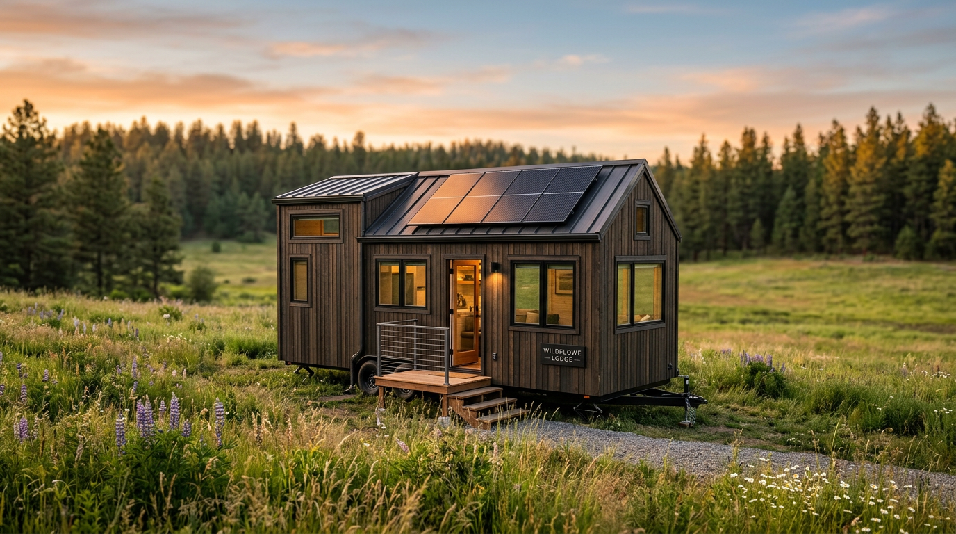 A modern cedar-clad tiny home parked in a sunlit meadow, featuring an integrated roof-mounted monocrystalline solar array. Images Created by www.TinyHome-Revolution.com
