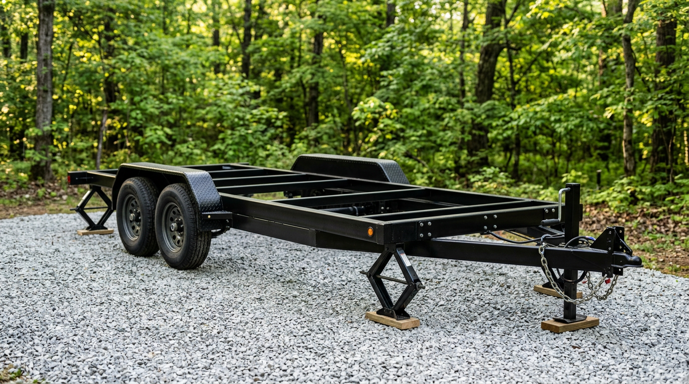 A dual-axle tiny home trailer chassis parked on a gravel driveway, surrounded by green trees in morning light. Images Created by www.TinyHome-Revolution.com