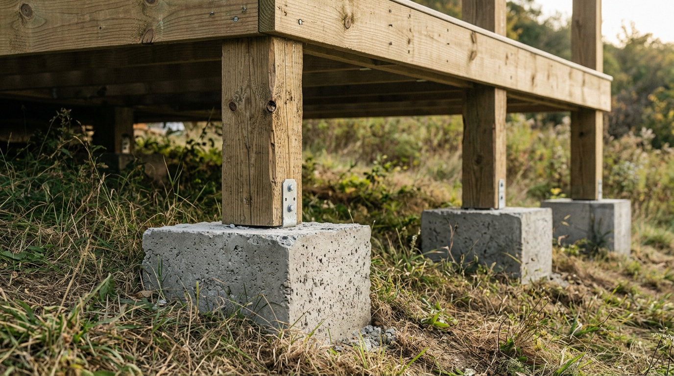 Precast concrete pier blocks supporting heavy wooden floor joists on a gently sloping hillside plot. Images Created by www.TinyHome-Revolution.com