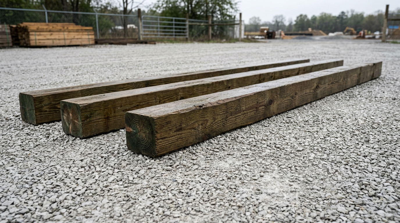 Thick, pressure-treated timber skids resting on a leveled bed of compacted gravel, ready for framing. Images Created by www.TinyHome-Revolution.com