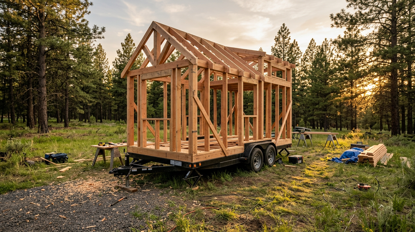A partially constructed tiny house timber frame sitting on a heavy-duty dual-axle steel trailer at golden hour. Images Created by. Images Created by www.TinyHome-Revolution.com