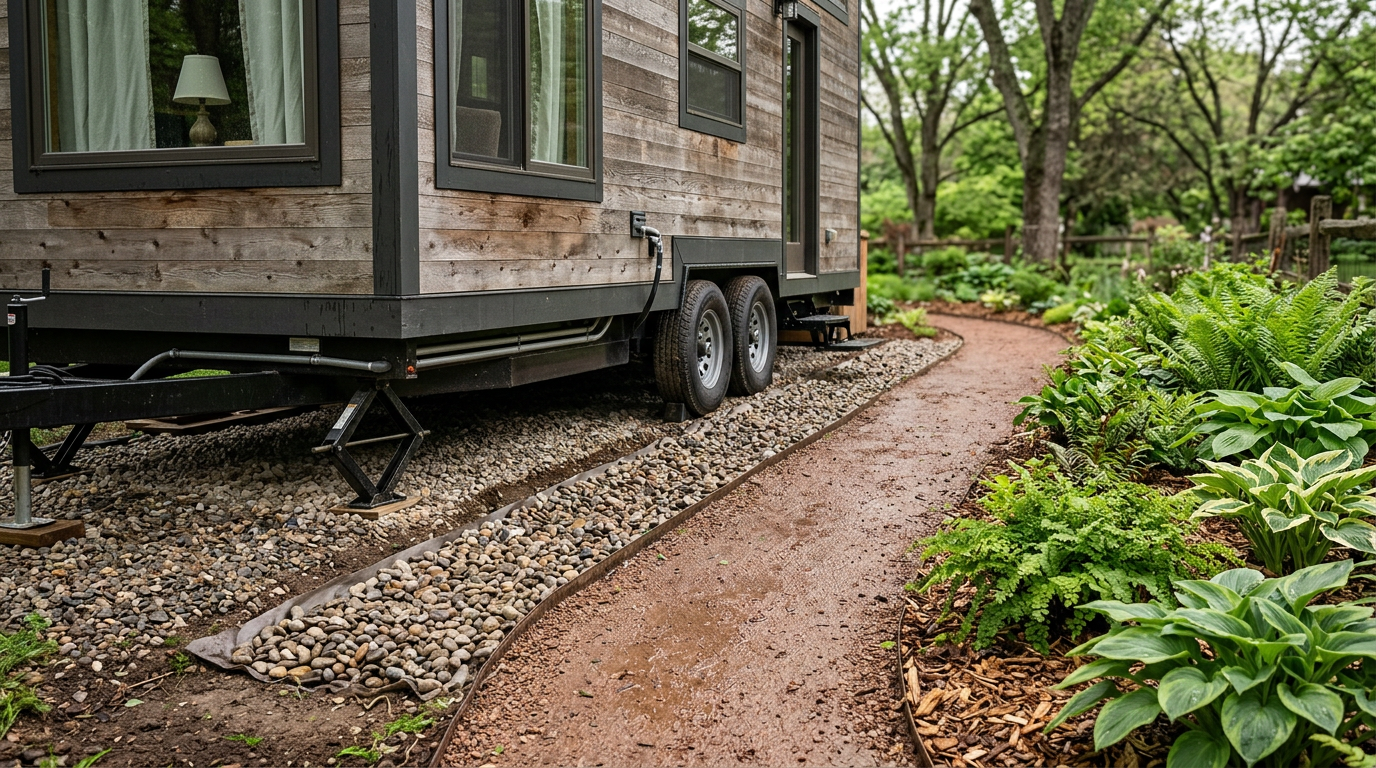 A gravel pathway bordered by French drains and native ferns leading to a tiny home on wheels. Images Created by www.TinyHome-Revolution.com