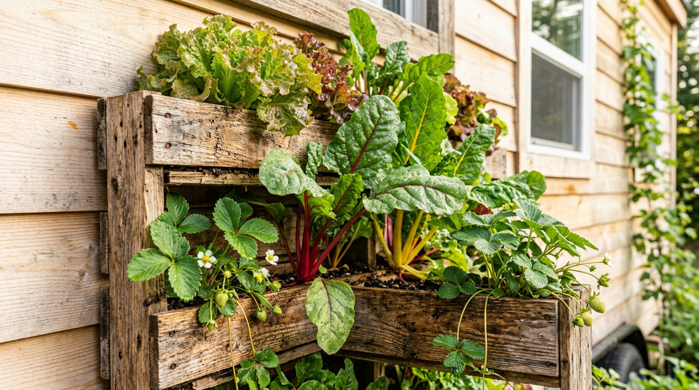 A vertical wall planter crafted from reclaimed wood, filled with vibrant salad greens on a tiny home siding. Images Created by www.TinyHome-Revolution.com