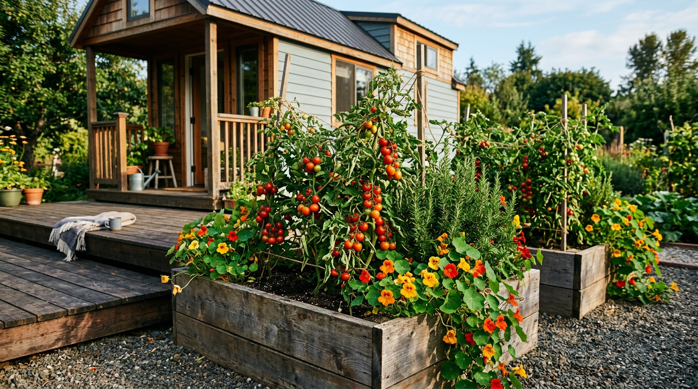 Raised cedar garden beds overflowing with rosemary, tomatoes, and nasturtiums next to a tiny house deck. Images Created by www.TinyHome-Revolution.com