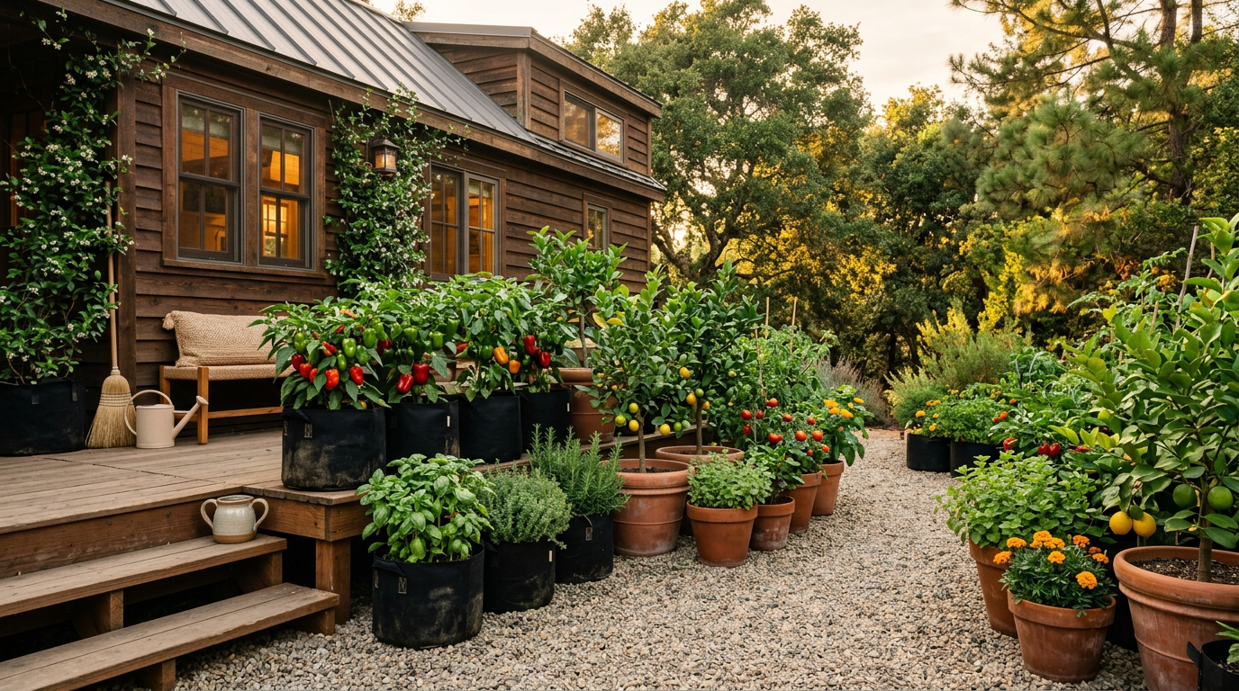 A collection of lightweight fabric pots and terracotta containers arranged on a gravel patio next to a tiny home. Images Created by www.TinyHome-Revolution.com