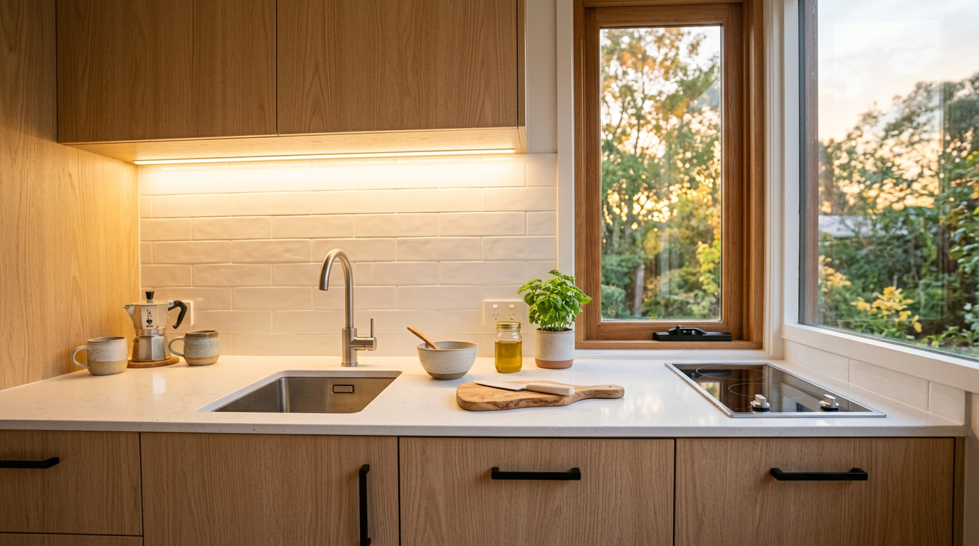 Under-cabinet LED strip lighting illuminates a clean kitchen workspace with white quartz countertops and light oak cabinetry. Images Created by www.TinyHome-Revolution.com