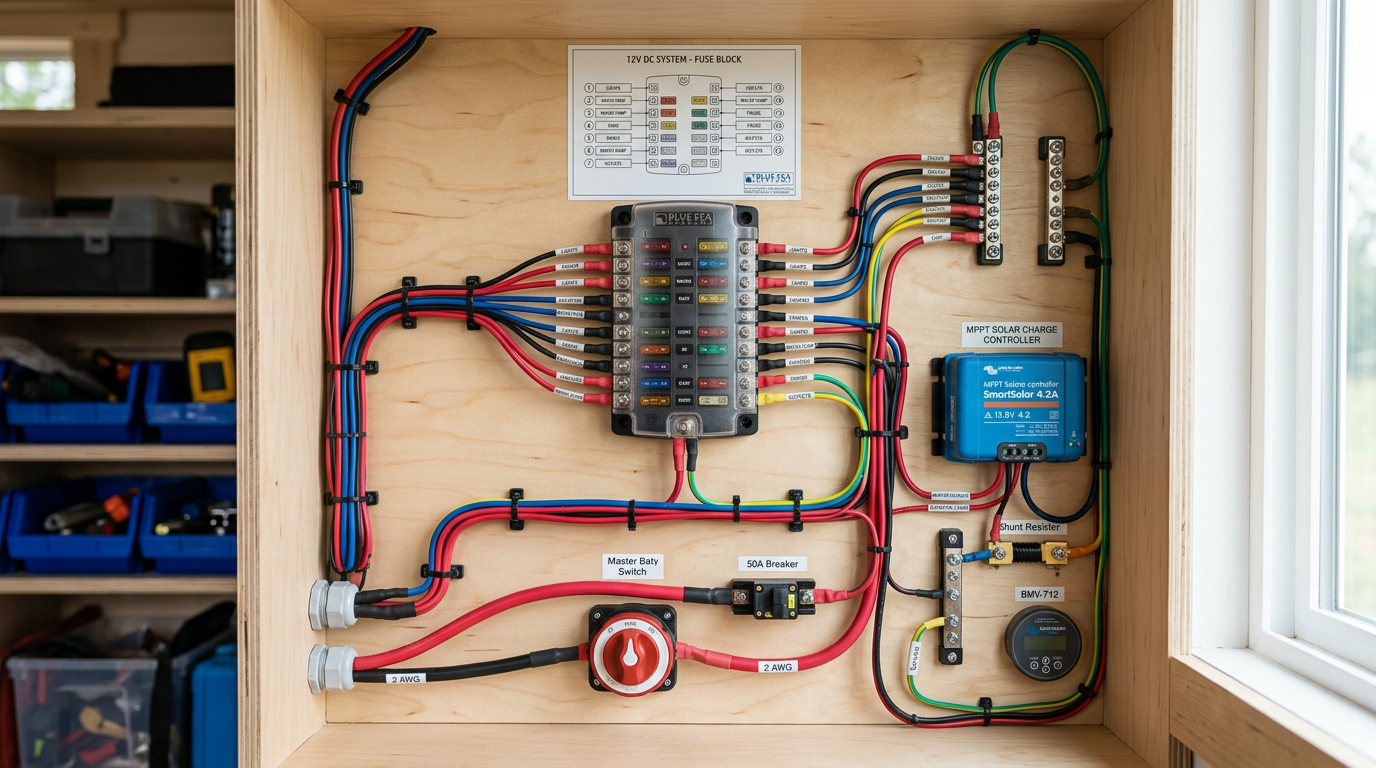 A neatly organized 12V DC fuse block and distribution panel mounted on a clean plywood utility wall. Images Created by www.TinyHome-Revolution.com