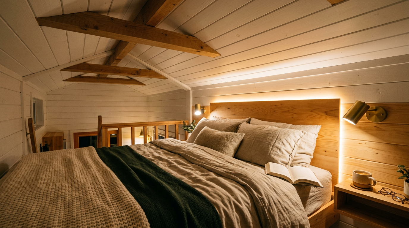A cozy tiny home sleeping loft with warm, indirect LED lighting glowing from behind a pine headboard. Images Created by www.TinyHome-Revolution.com