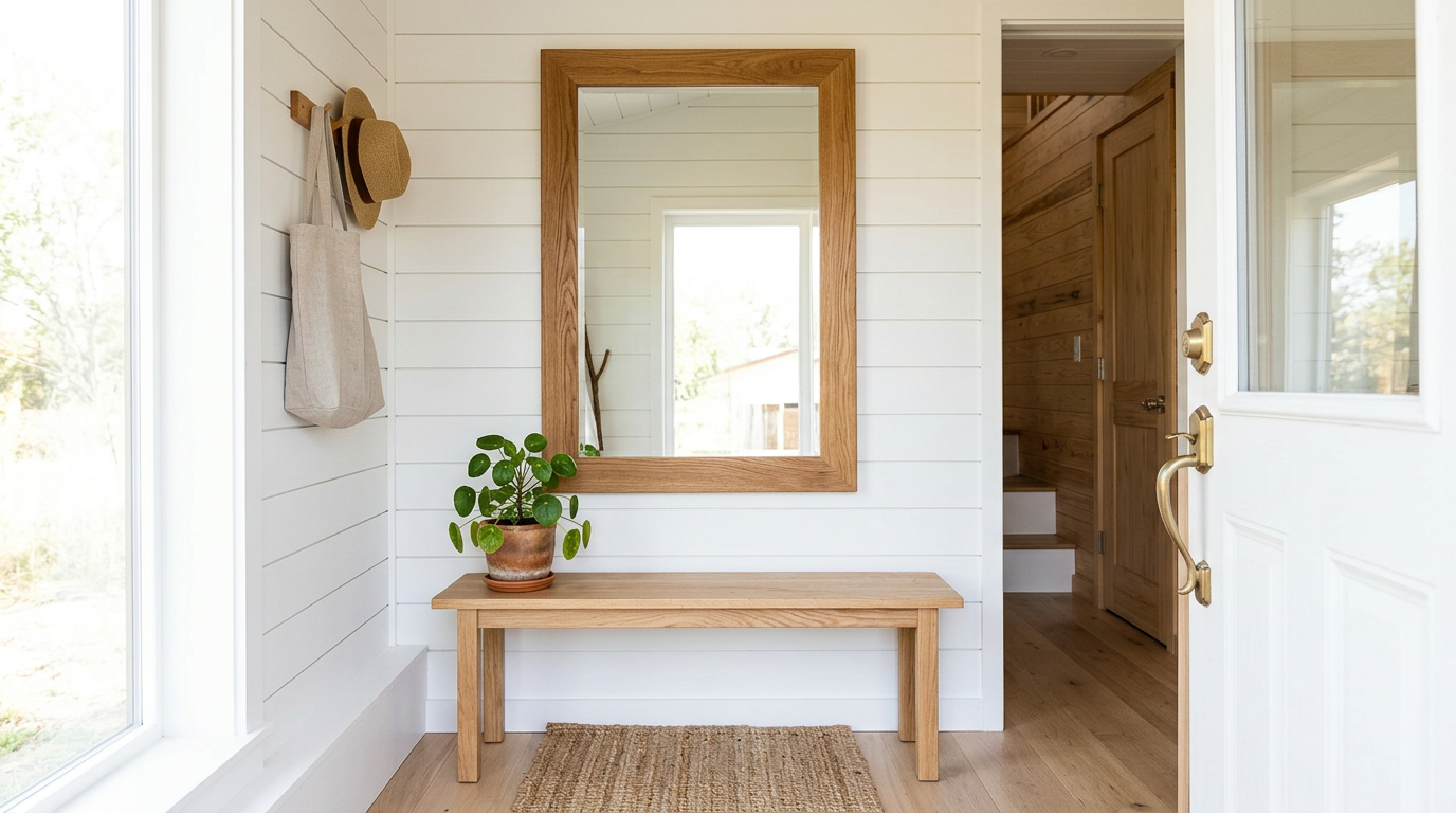 A large mirror mounted opposite a window, reflecting bright natural light into a small, white-walled living area. Images Created by www.TinyHome-Revolution.com