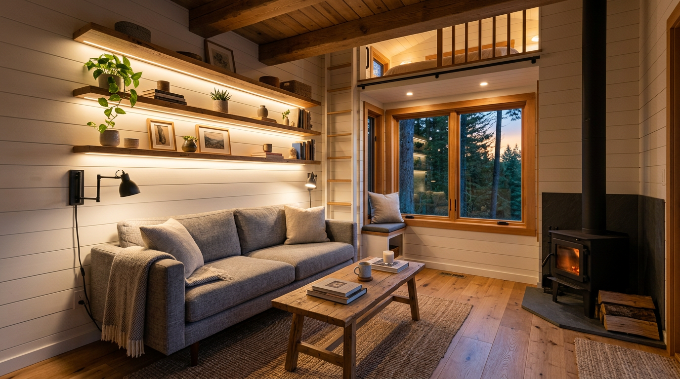 Warm interior of a tiny home living room at dusk, featuring recessed LED strip lights under timber shelves. Images Created by www.TinyHome-Revolution.com