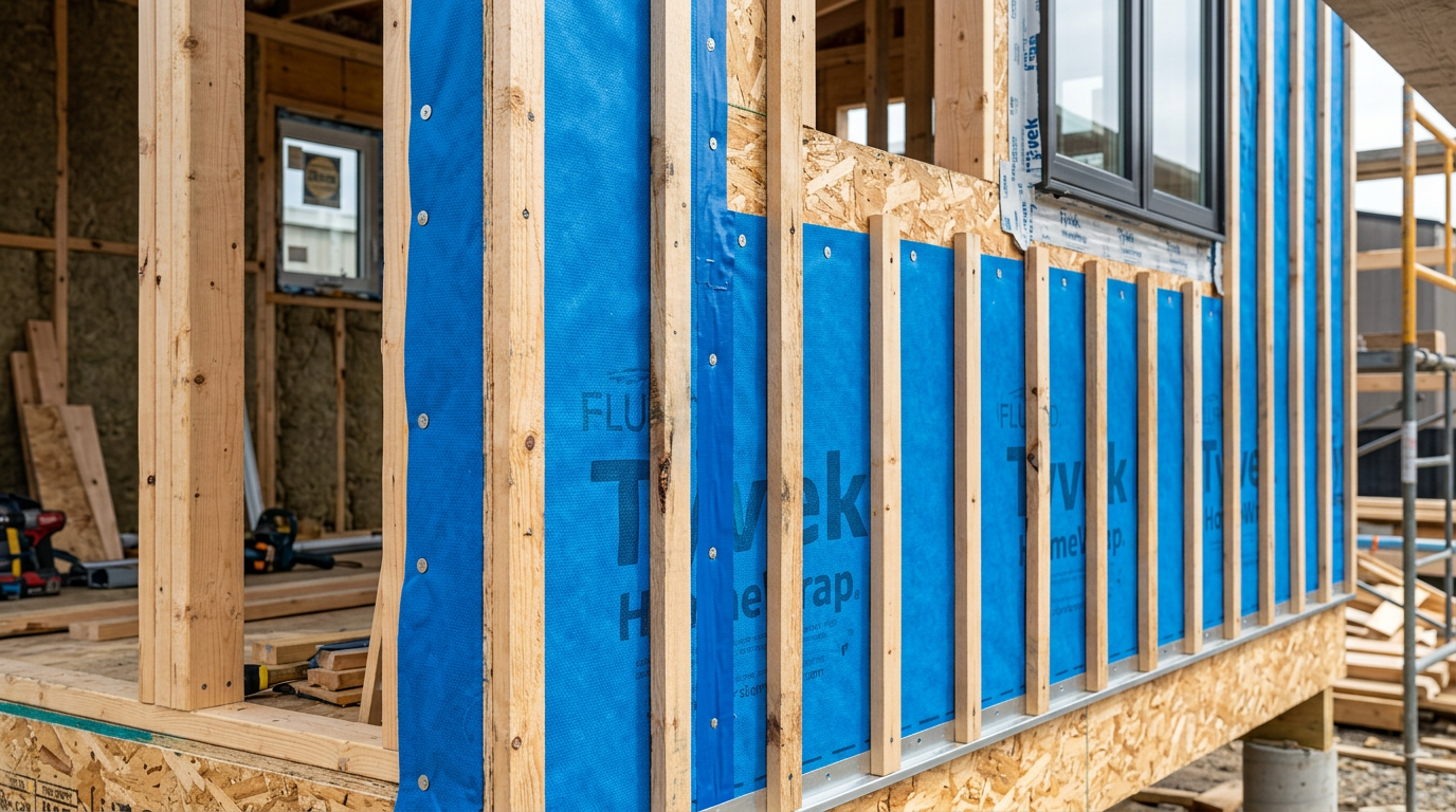 An exterior wall assembly showing a 20 mm timber batten cavity installed over a breathable house wrap. Images Created by www.TinyHome-Revolution.com