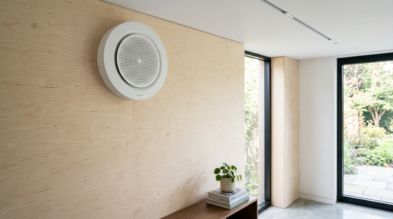 A compact decentralized heat recovery ventilator installed high on a wall to continuously refresh indoor air without heat loss. Images Created by www.TinyHome-Revolution.com