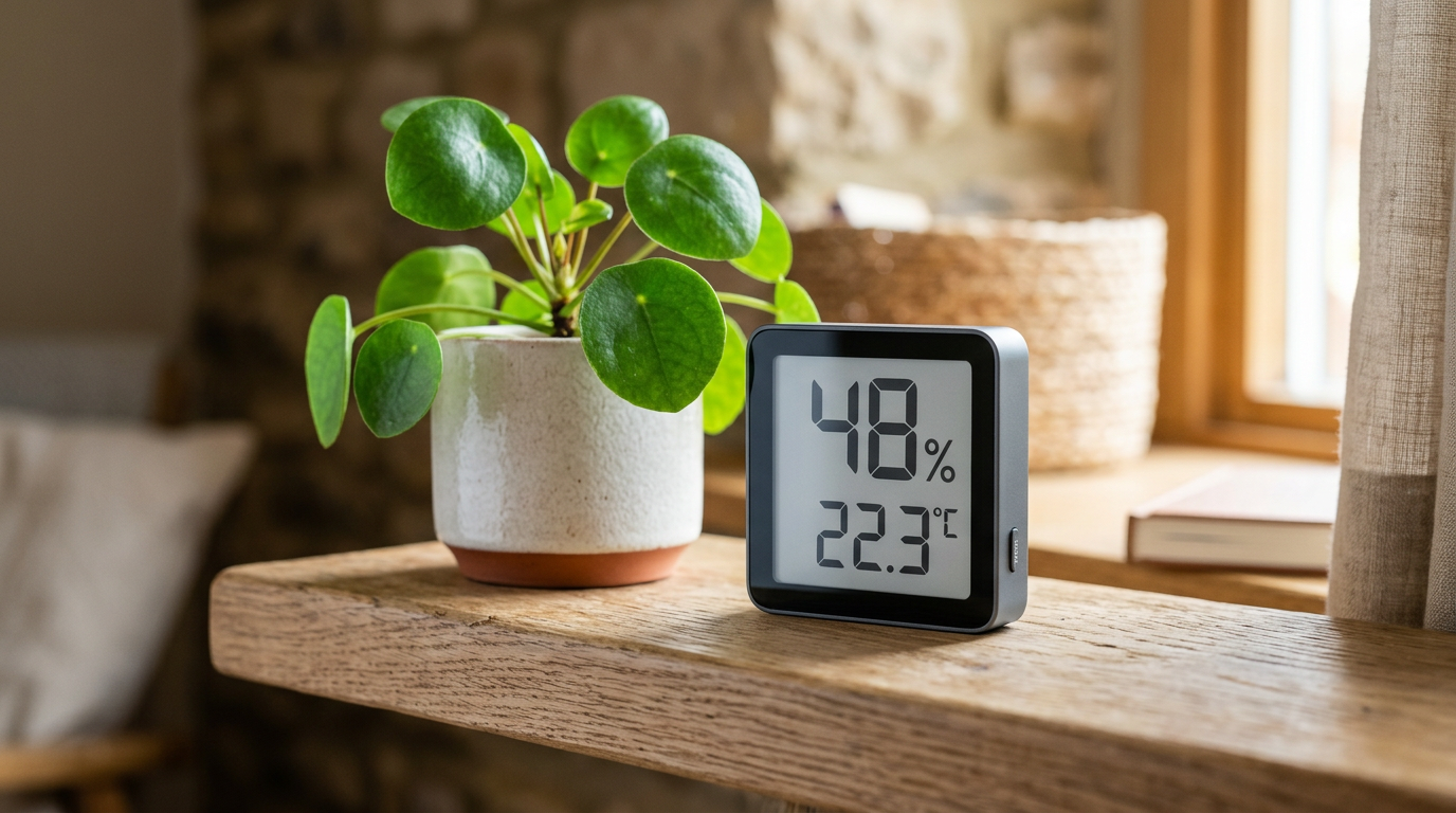 A simple digital hygrometer displays real-time indoor relative humidity, helping owners manage ventilation levels proactively. Images Created by www.TinyHome-Revolution.com