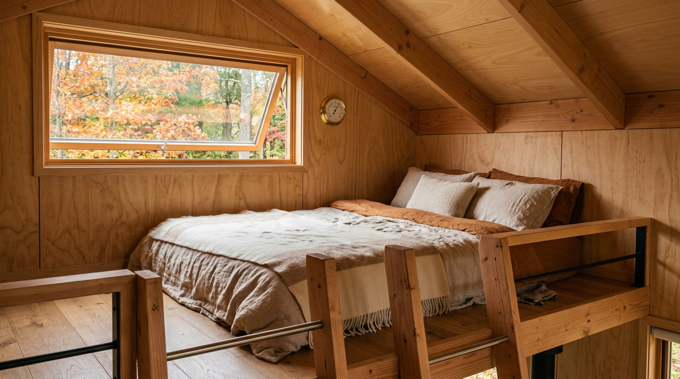 A bright loft bedroom featuring a high-level awning window designed to vent rising warm, moist air naturally. Images Created by www.TinyHome-Revolution.com