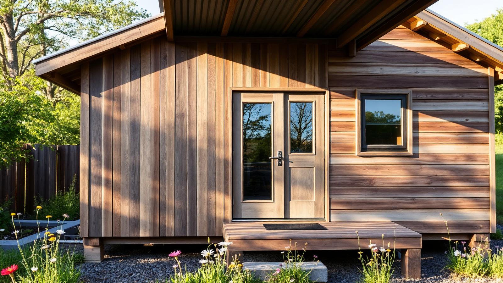 A rustic tiny home with a vibrant green roof blooming with pink and yellow sedum plants. Images Created by www.TinyHome-Revolution.com