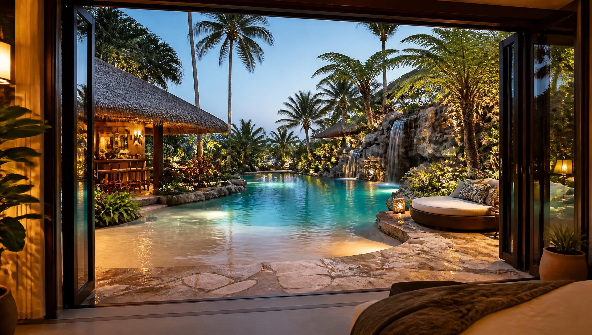 Palm Lagoon Resort Yard backyard design Forward Looking A freeform lagoon pool with a rock waterfall and shallow beach entry. Images Created by www.TinyHome-Revolution.com