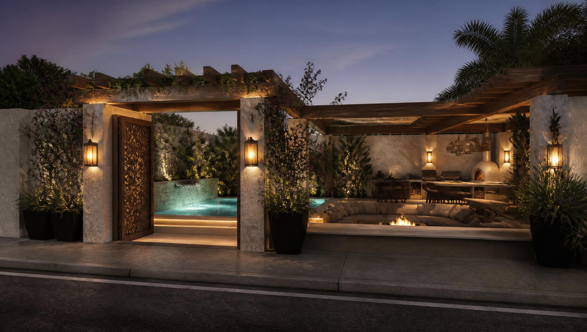 Ember Court Pergola Courtyard backyard design Left Side Property View A tight suburban courtyard doing everything at once: a deep. Images Created by www.TinyHome-Revolution.com