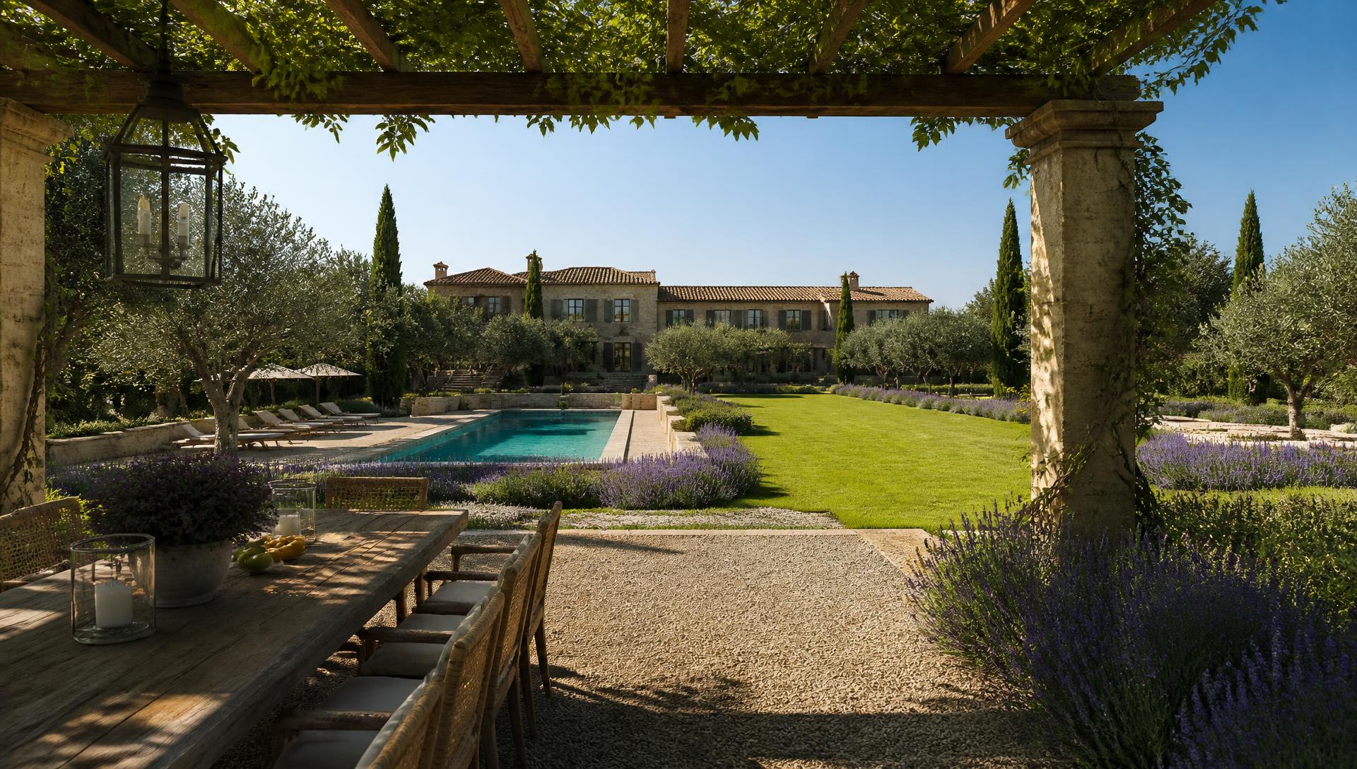 Mediterranean Olive Grove Yard backyard design Rear Backyard Look A sun-warmed gravel terrace under a stone and vine pergola with. Images Created by www.TinyHome-Revolution.com