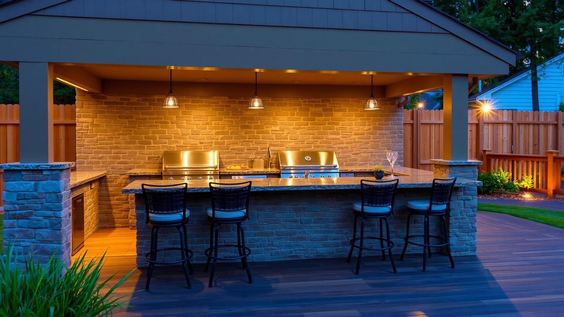 Backyard outdoor kitchen with stainless BBQ stone bench bar stools and pendant lighting. Images Created by www.TinyHome-Revolution.com