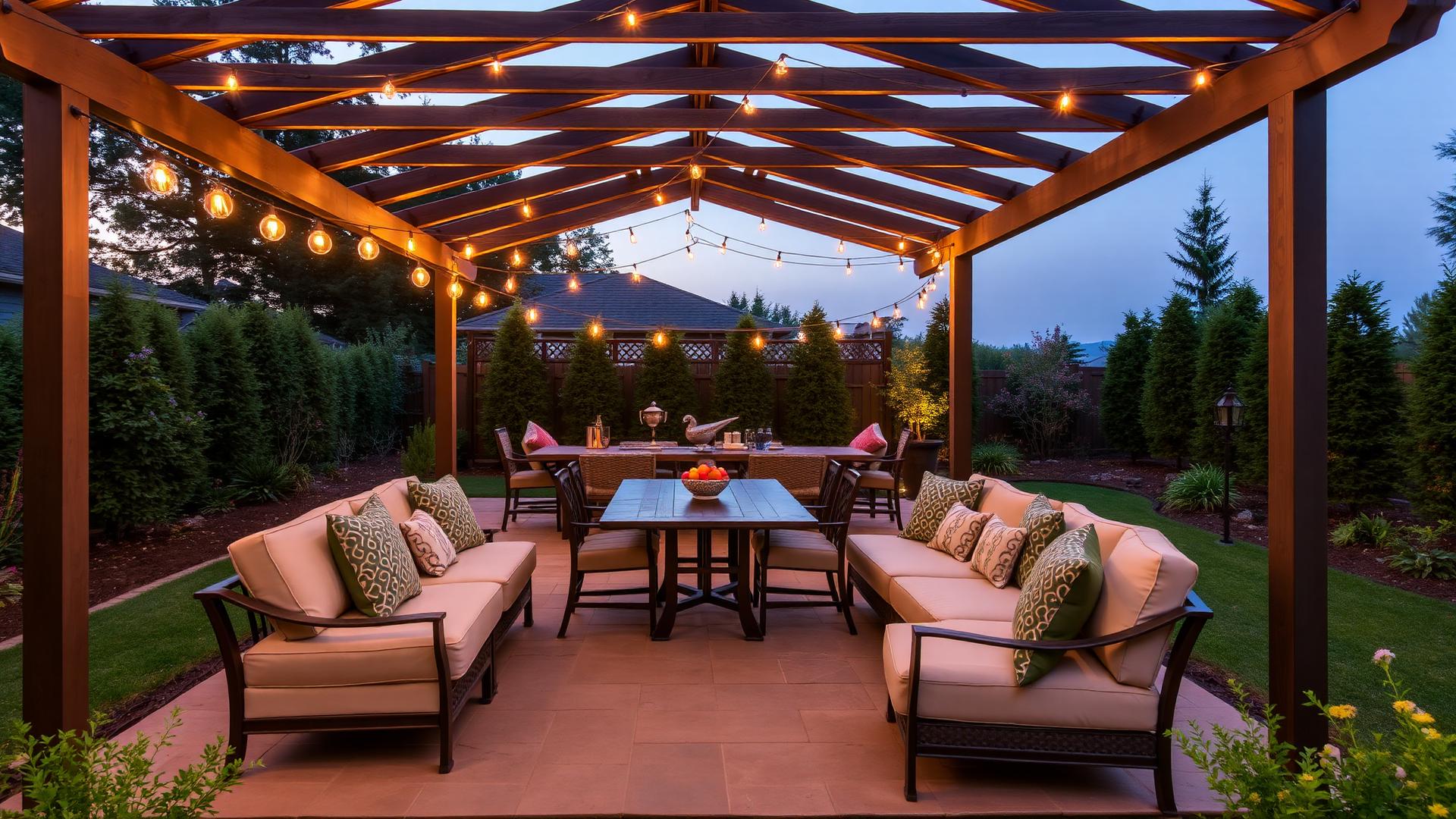Covered backyard pergola with dining table lounge sofas cushions and warm string lights. Images Created by www.TinyHome-Revolution.com