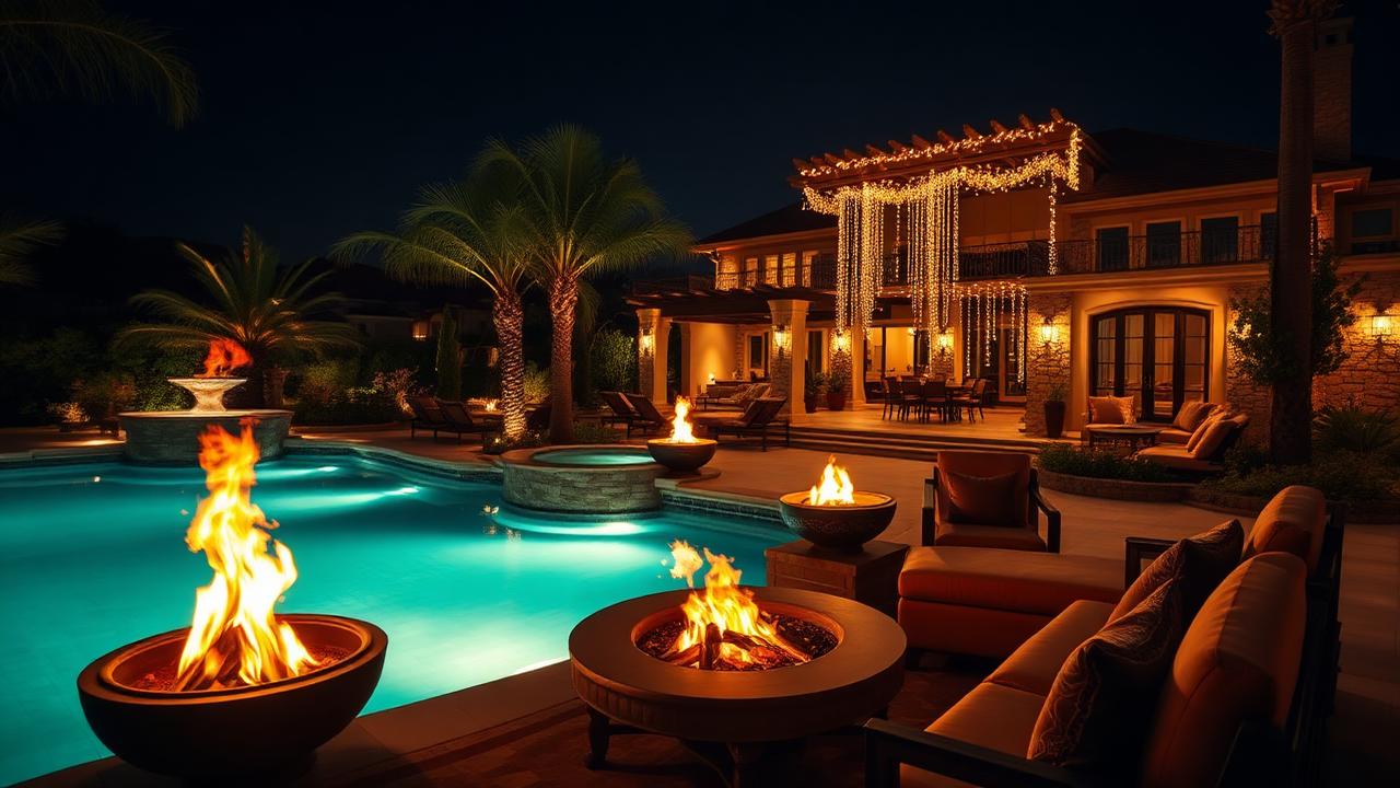 Night backyard with glowing pool fire bowls pergola lights and lounge seating. Images Created by www.TinyHome-Revolution.com