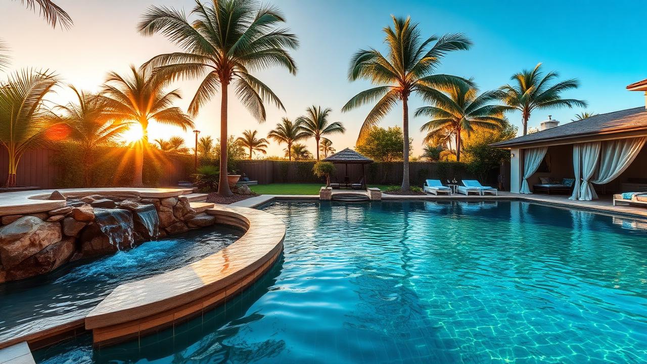 Tropical lagoon pool with waterfall grotto palm cabana and sun loungers modern. Images Created by www.TinyHome-Revolution.com