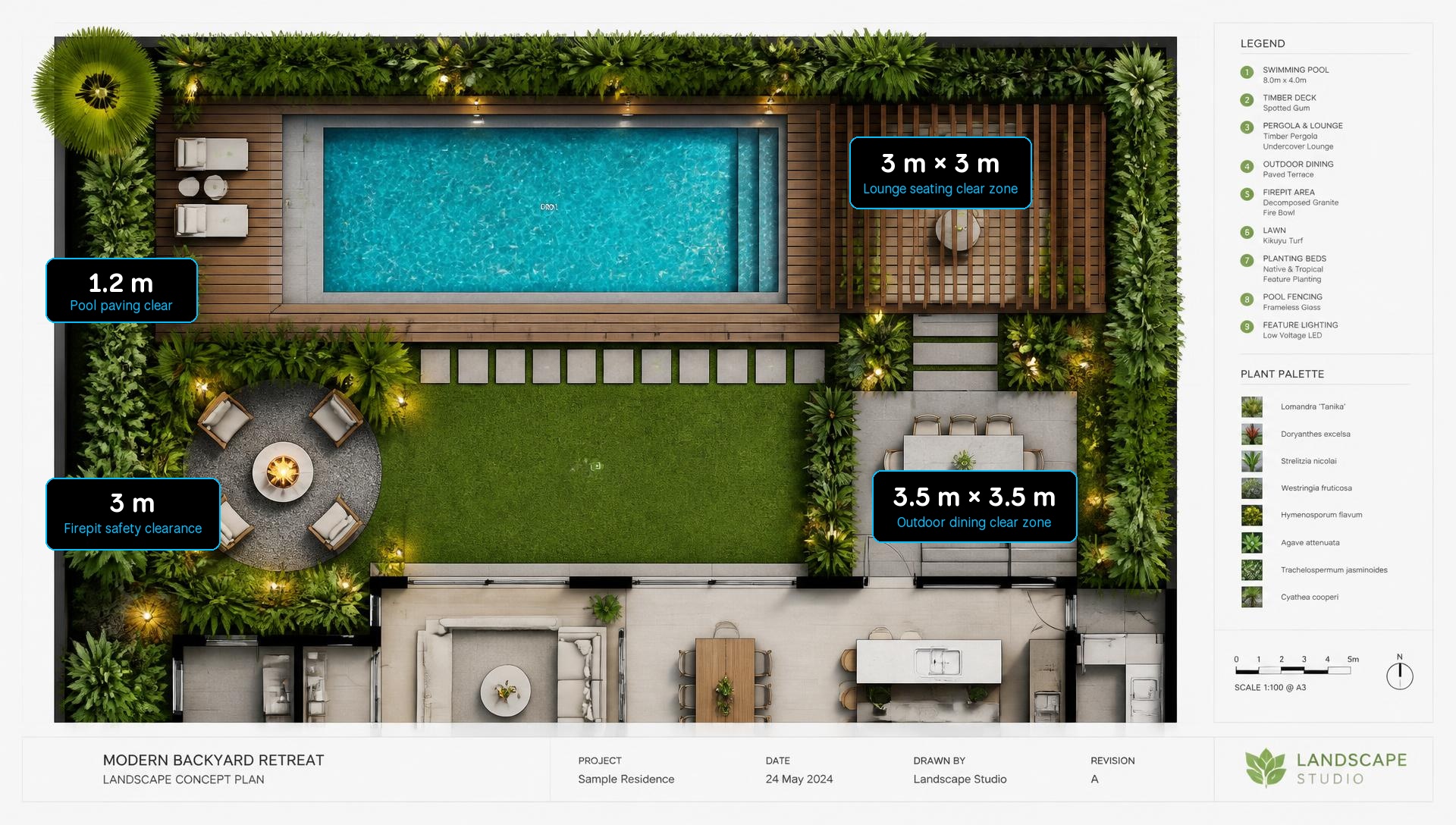 Backyard design plan showing dining lounge pool paving and firepit safety measurements. Images Created by www.TinyHome-Revolution.com