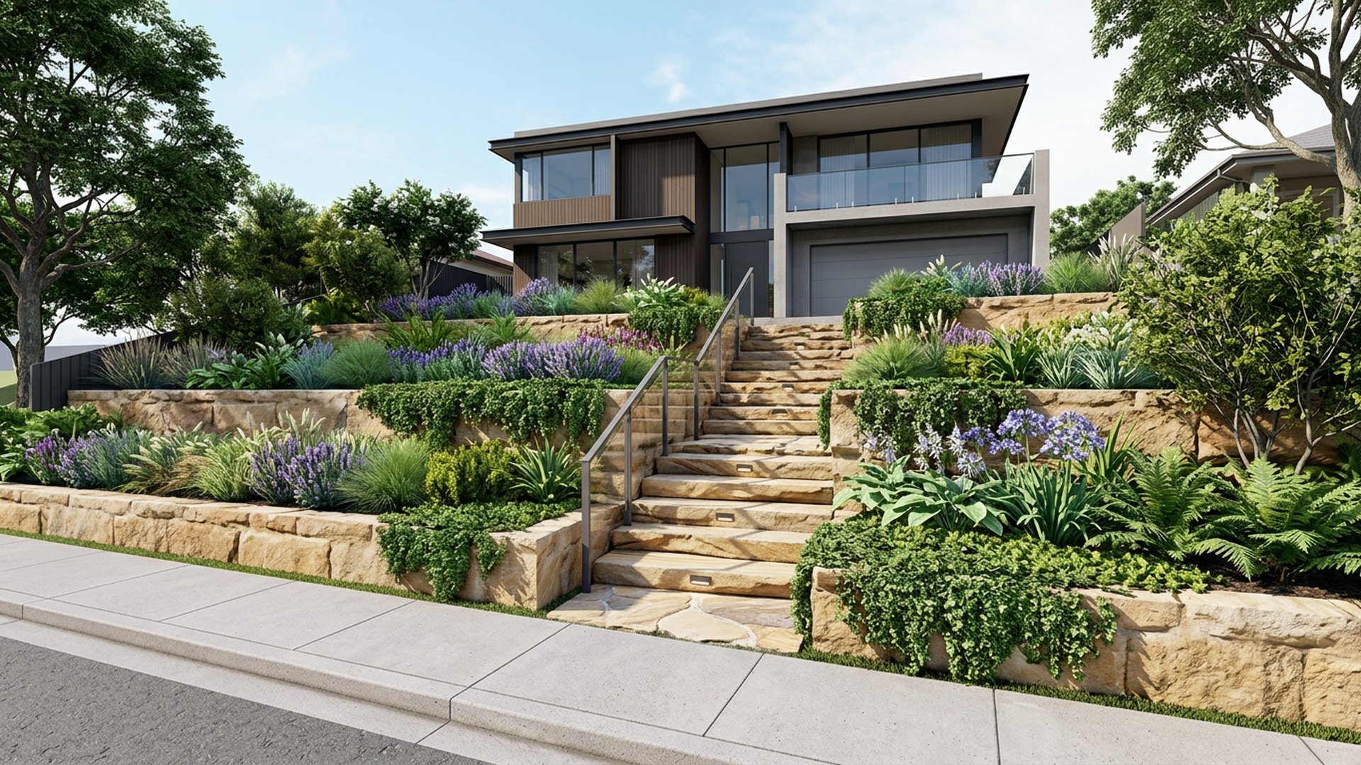 Cascading Terraces front yard landscaping concept Forward Looking Three sandstone terraces stepping down to the street with planted risers. Images Created by www.TinyHome-Revolution.com