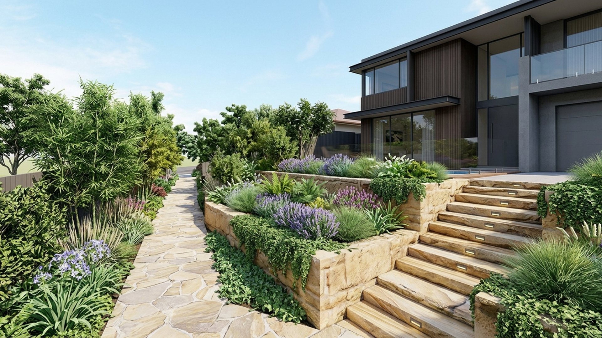 Cascading Home Designs design concept visualisation photo modern home and garden landscaping. Images Created by www.TinyHome-Revolution.com