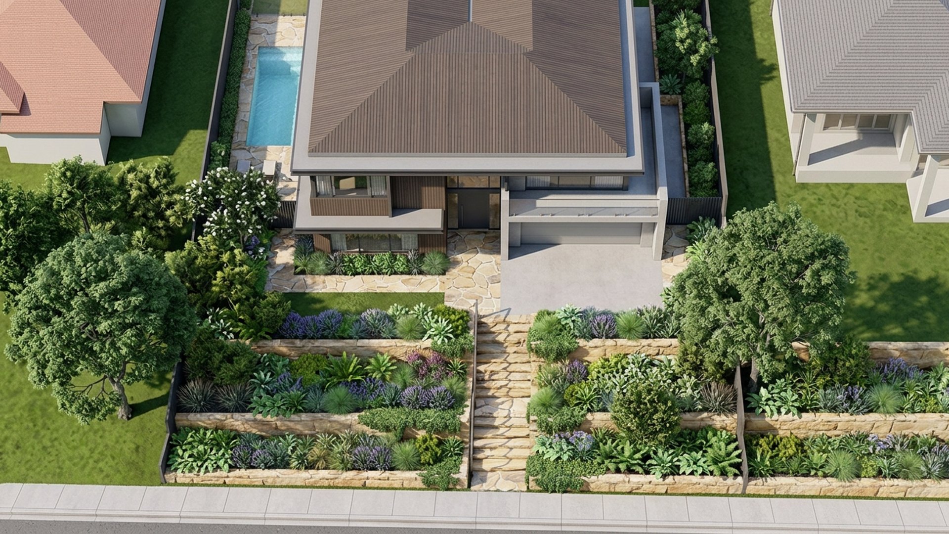Cascading Home Designs design concept visualisation photo modern home and garden landscaping. Images Created by www.TinyHome-Revolution.com